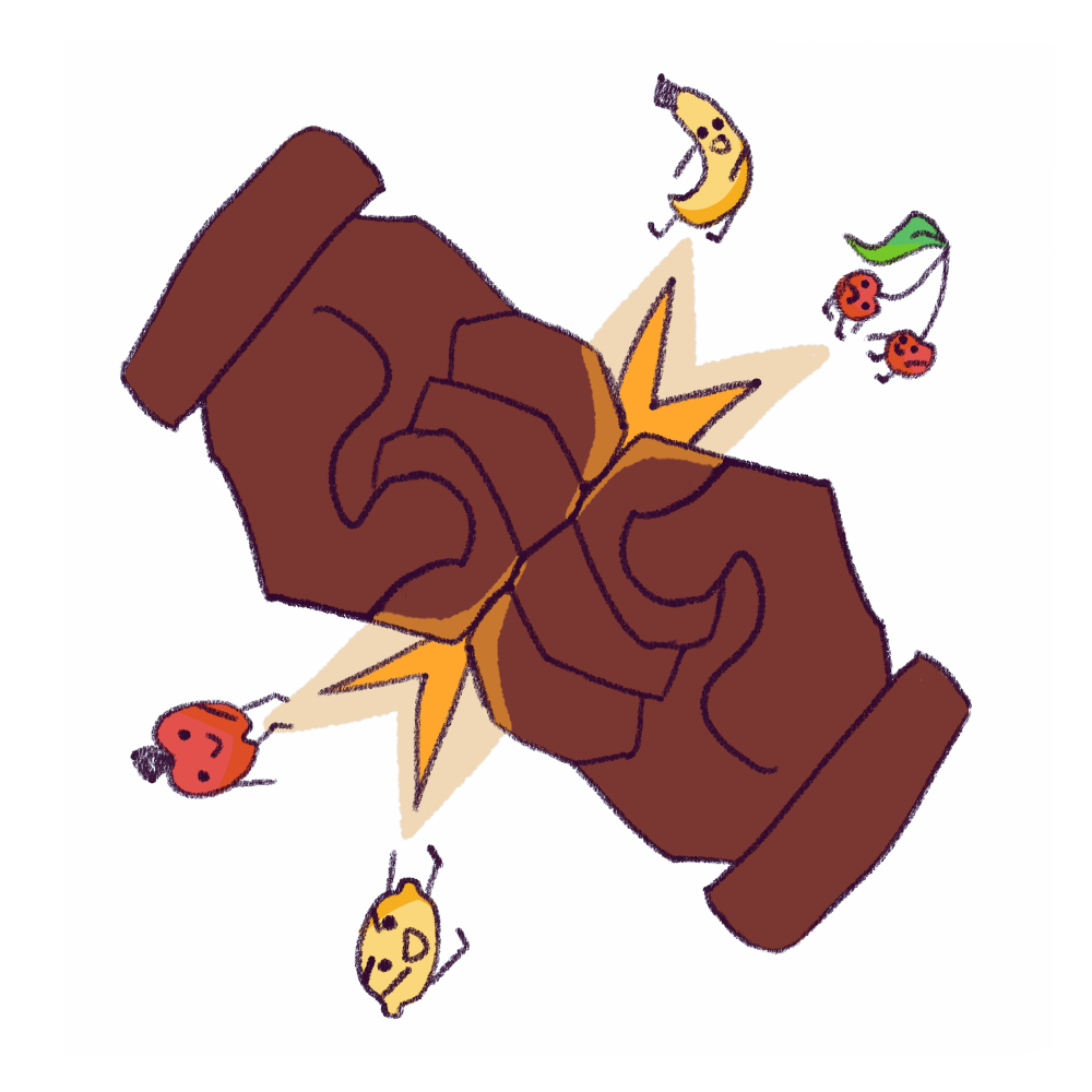 FruitBrawl logo of two fists bumping each other ,with fruit flying from the middle.